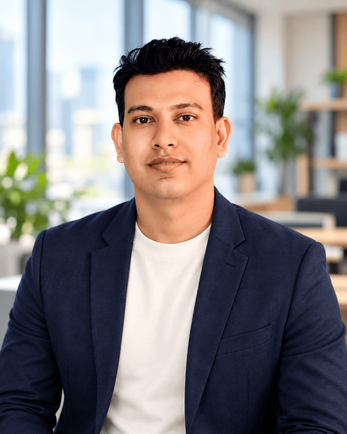 Sanjay Ranpal in a navy blazer in a modern office